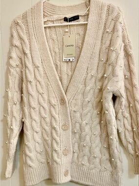 Mango Cream Cable-Knit Cardigan with Pearl Embellishments